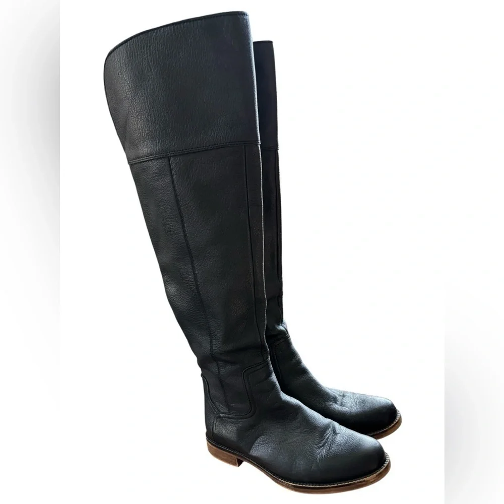 Franco Sarto Tall Black Leather Battina Knee-High Heeled Boots, Women’s Size 6.5